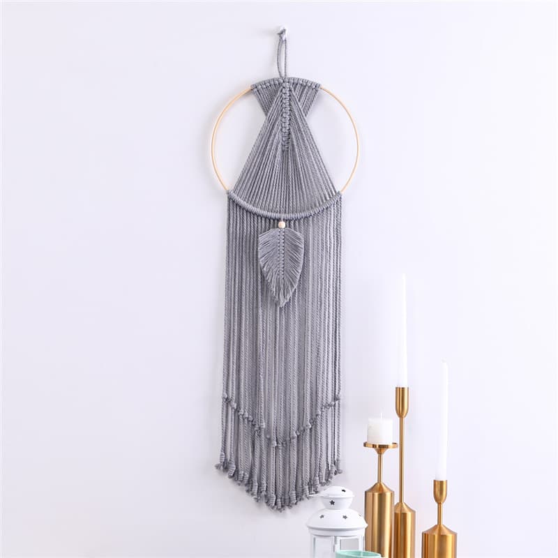 Tenture Macramé Feuille sur Cercle en Bois (gris, 30 x 85 cm)