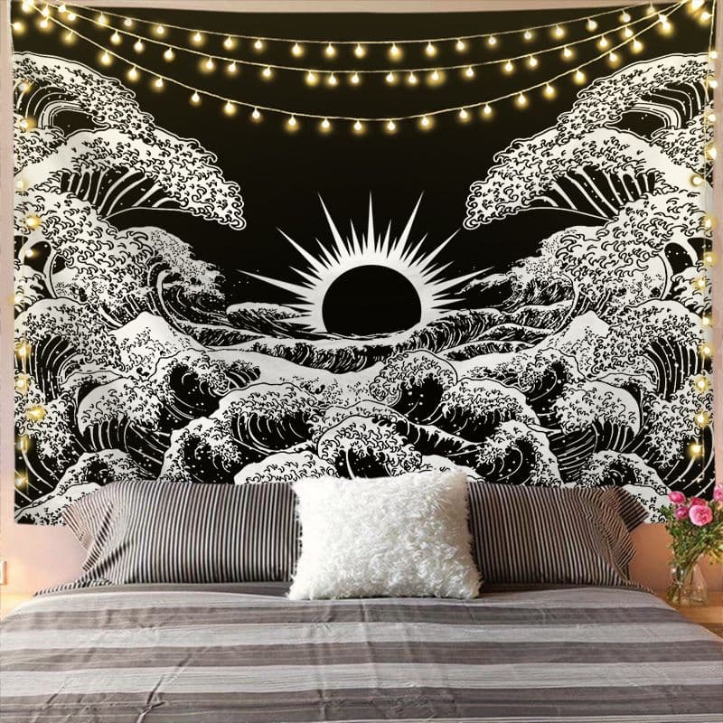 Tenture Murale Soleil et Vagues (noir et blanc, 95 x 73 cm)