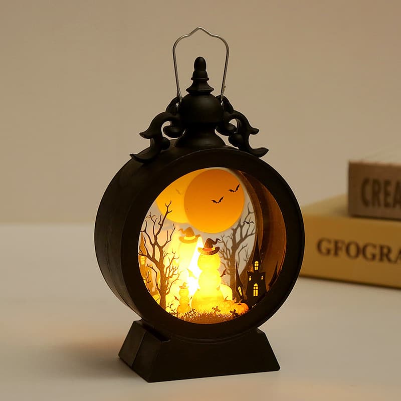 Lanterne Halloween Rétro à Flamme LED (scène citrouille)