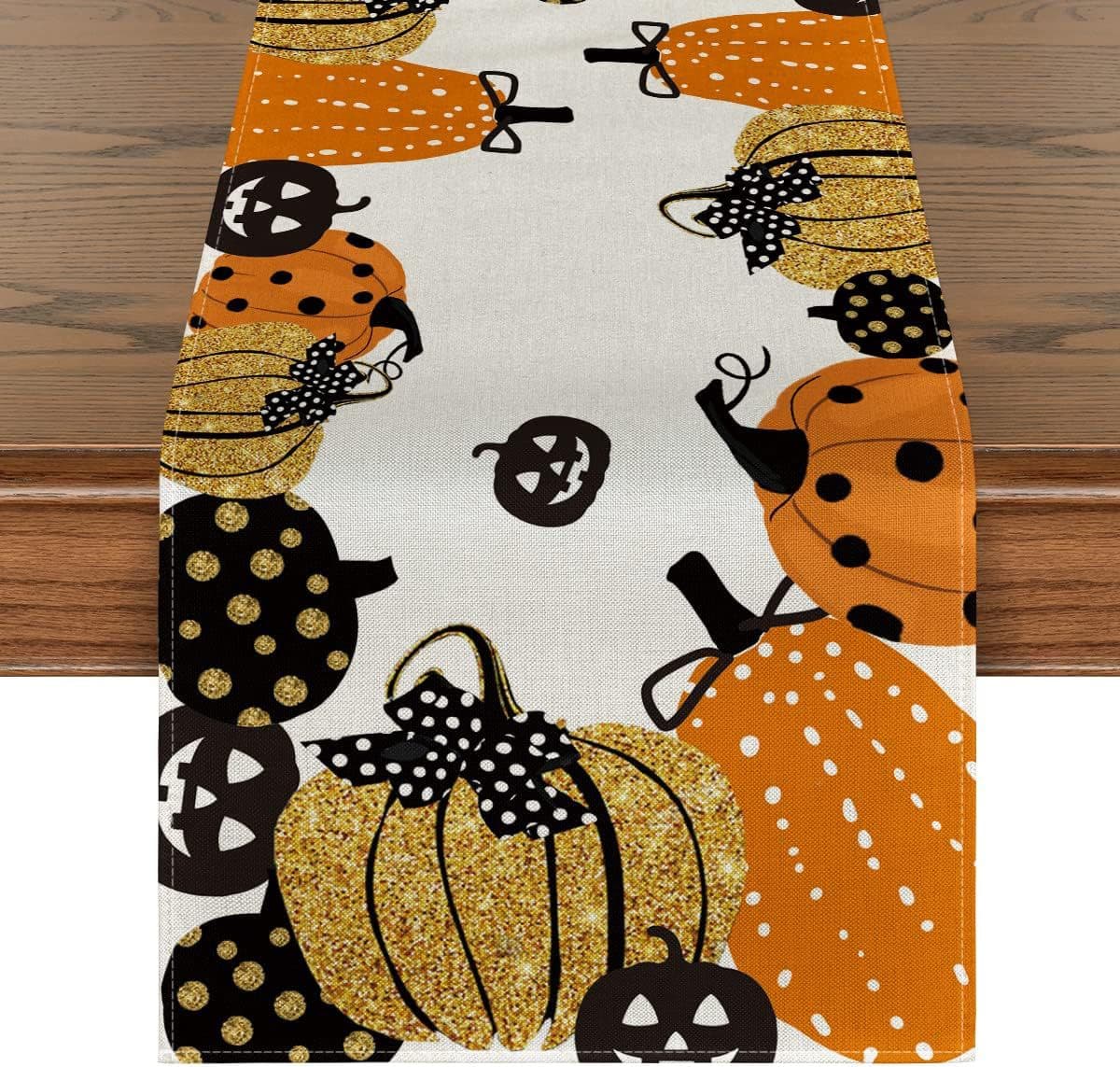 Chemin de Table Halloween Citrouilles Noir, Orange et Or (33 x 183 cm)