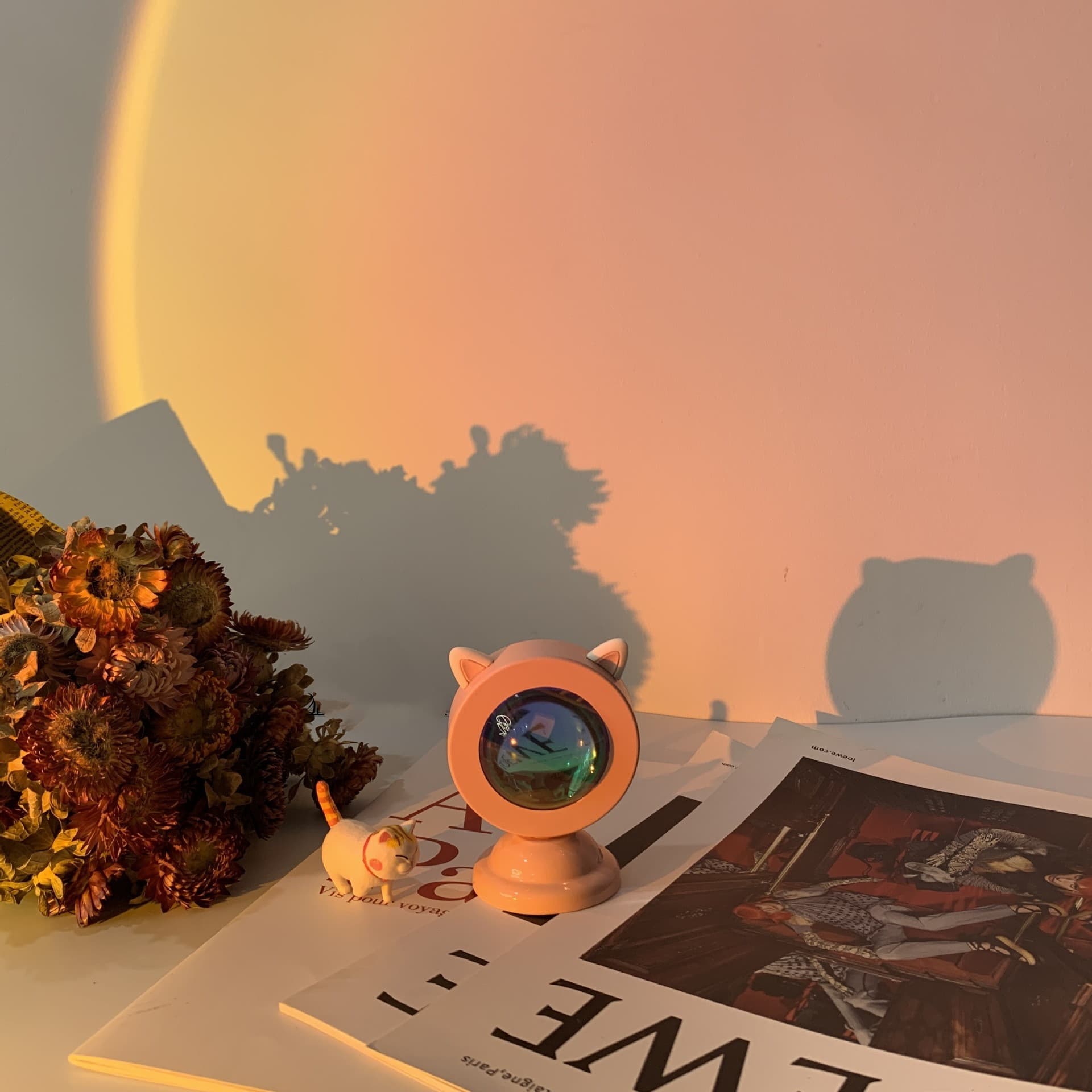 Projecteur coucher de soleil rose en forme de chat